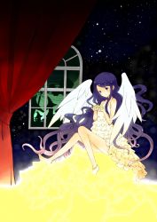 Rule 34 | absurdres, angel wings, anklet, bad id, bad pixiv id, blue hair, curtains, dress, highres, holding, hoshi ebi, jewelry, long hair, original, sitting, sky, solo, star (sky), star (symbol), starry sky, very long hair, window, wings