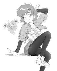 Rule 34 | 1girl, cropped jacket, earrings, funnyari, ghost sweeper mikami, greyscale, hat, headband, hoop earrings, horns, jester cap, jewelry, looking at viewer, monochrome, pantyhose, shirt, shoryuki, sitting, sketch, skirt, smile, striped clothes, striped shirt