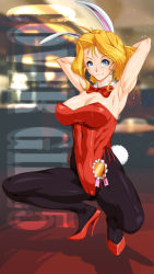 Rule 34 | 1girl, animal ears, armpits, arms behind head, badge, black pantyhose, blonde hair, blue eyes, bow, bowtie, breasts, cleavage, commentary request, detached collar, erilin goldsmith, high heels, highleg, highleg leotard, large breasts, leotard, looking at viewer, pantyhose, playboy bunny, qkat (arikawa-dou), rabbit ears, rabbit tail, red bow, red bowtie, red footwear, red leotard, short hair, solo, squatting, tail, variable geo