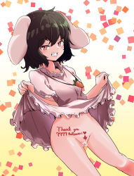 Rule 34 | 1girl, animal ears, black hair, blush, breasts, carrot necklace, censored, character censor, commentary request, confetti, dress, feet out of frame, floppy ears, frilled dress, frilled sleeves, frills, grin, highres, hits (hitstts), inaba tewi, jewelry, lifted by self, looking at viewer, milestone celebration, navel, necklace, no panties, novelty censor, pink dress, puffy short sleeves, puffy sleeves, rabbit, rabbit ears, red eyes, shiny skin, short hair, short sleeves, small breasts, smile, solo, touhou, wavy hair