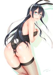 Rule 34 | 10s, 1girl, alternate costume, animal ears, aqua eyes, ass, black hair, black leotard, blush, breasts, cowboy shot, earrings, fake animal ears, fishnet thighhighs, fishnets, from behind, glasses, hair between eyes, highres, jewelry, kantai collection, large breasts, leaning forward, leotard, long hair, looking at viewer, off shoulder, ooyodo (kancolle), partially visible vulva, playboy bunny, rabbit ears, rabbit tail, sakiryo kanna, standing, standing on one leg, tail, thighhighs, thighs