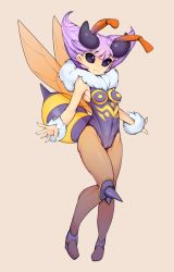 Rule 34 | 1girl, absurdres, antennae, arthropod girl, bad id, bad tumblr id, bee girl, beige background, breasts, closed mouth, full body, fur trim, highres, insect girl, light purple hair, medium breasts, no pupils, pantyhose, q-bee, short hair, simple background, slugbox, smile, solo, vampire (game), wings