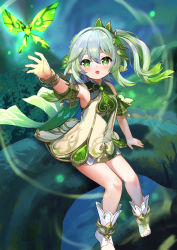 Rule 34 | 1girl, :o, bad id, bad pixiv id, blurry, blurry background, blush, bracer, braid, cross-shaped pupils, crystalfly (genshin impact), detached sleeves, dress, floating hair, full body, genshin impact, glowing, gold trim, gradient hair, green eyes, green hair, hair ornament, highres, in tree, leaf hair ornament, long hair, looking at viewer, multicolored hair, nahida (genshin impact), nature, open mouth, outdoors, outstretched hand, plant, pointy ears, short dress, short sleeves, side ponytail, sitting, sitting in tree, sleeveless, sleeveless dress, socks, solo, stirrup legwear, symbol-shaped pupils, thighs, toeless legwear, toes, tree, two-tone hair, white hair, white socks, yoshizawa tsubaki
