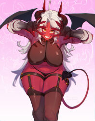 Rule 34 | 1girl, ahoge, arms up, black panties, black shirt, breasts, brown eyes, brown thighhighs, clenched teeth, colored skin, demon girl, demon horns, demon tail, demon wings, from above, horns, large breasts, long hair, looking at viewer, maizken, navel, original, panties, parted bangs, pink background, red skin, shirt, simple background, sitting, sleeveless, smile, solo, tail, teeth, thigh strap, thighhighs, underwear, white hair, wings