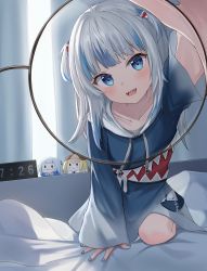 Rule 34 | 1girl, :d, absurdres, alarm clock, bad id, bad pixiv id, bed sheet, black-framed eyewear, blue eyes, blue hoodie, blue nails, blush, character doll, clock, collarbone, commentary, drawstring, english commentary, female pov, gawr gura, gawr gura (1st costume), glasses, highres, hololive, hololive english, hood, hood down, hoodie, indoors, kneeling, long sleeves, looking at viewer, nail polish, on bed, open mouth, outstretched arm, pov, sharp teeth, smile, sunlight, teeth, twintails, two side up, upper teeth only, virtual youtuber, watson amelia, white hair, zeroillya