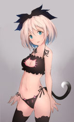 Rule 34 | 1girl, alternate costume, arms at sides, bad id, bad pixiv id, bell, black bow, black panties, black thighhighs, blue eyes, bow, breasts, cat cutout, cat ear panties, cat lingerie, cat tail, choker, cleavage cutout, clothing cutout, cowboy shot, grey background, hair bow, head tilt, jingle bell, looking at viewer, meme attire, navel, neck bell, original, panties, rorona s., short hair, side-tie panties, simple background, sketch, solo, stomach, tail, thighhighs, underwear, underwear only, whiskers