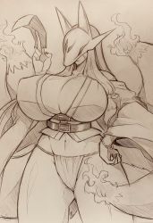 1girl animal_ears belt bracelet breasts cleavage digimon facial_mark fox_ears fox_mask fox_tail fundoshi highres huge_breasts japanese_clothes jewelry mask mitsuba-sama_(milkba-ng) monochrome sakuyamon sketch tail talisman