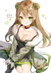 Rule 34 | 1girl, :p, asymmetrical legwear, bare shoulders, black choker, black dress, black footwear, blush, bow, breasts, brown hair, camouflage, camouflage jacket, character name, choker, cleavage, closed mouth, collarbone, commentary request, double bun, dress, fur-trimmed jacket, fur trim, girls&#039; frontline, green bow, green eyes, green hair, hair between eyes, hair bow, hair bun, highres, jacket, kinako (shiratama mochi), kneehighs, long hair, long sleeves, medium breasts, mismatched legwear, multicolored hair, puffy long sleeves, puffy sleeves, rfb (girls&#039; frontline), shoes, side bun, simple background, sitting, sleeveless, sleeveless dress, smile, socks, solo, striped clothes, striped socks, stuffed animal, stuffed toy, teddy bear, tongue, tongue out, twitter username, two-tone hair, vertical-striped clothes, vertical-striped socks, very long hair, white background