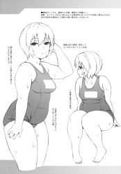 Rule 34 | 1girl, ayanami rei, bare shoulders, barefoot, breasts, expressionless, highres, jinroku, medium breasts, monochrome, neon genesis evangelion, plump, school uniform, short hair, simple background, sitting, swimsuit, thick thighs, thighs, wet