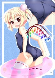 Rule 34 | 1girl, adjusting clothes, adjusting swimsuit, ass, blonde hair, bun cover, embodiment of scarlet devil, fang, female focus, flandre scarlet, highres, innertube, inset, kanarai taru, looking back, one-piece swimsuit, red eyes, school swimsuit, solo, swim ring, swimsuit, thighhighs, touhou, twintails, white thighhighs, wings