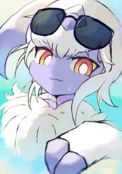 Rule 34 | 1girl, :3, absol, animal hands, black-framed eyewear, blue background, body fur, bright pupils, claws, closed mouth, colored skin, creatures (company), eyewear on head, female focus, furry, furry female, game freak, gen 3 pokemon, grey horns, grey skin, hand up, happy, highres, horns, hot, looking at viewer, neck fur, nintendo, orange eyes, pokemon, pokemon (creature), portrait, samenoha (salmon no kaori), short hair, sidelocks, simple background, single horn, sketch, smile, solo, sunglasses, sweat, white hair, white pupils