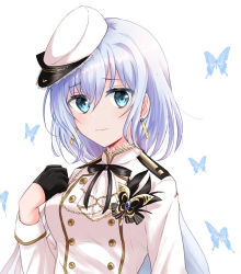 Rule 34 | 1girl, :|, bang dream!, black gloves, black ribbon, blue butterfly, blue eyes, breasts, bug, butterfly, buttons, closed mouth, commentary request, earrings, gloves, hair between eyes, half gloves, hand up, hat, insect, jewelry, kurata mashiro, long sleeves, looking at viewer, medium breasts, medium hair, mini hat, partial commentary, ribbon, sidelocks, silver hair, simple background, solo, tilted headwear, uniform, upper body, usamero (usame), white background, white hat, white uniform