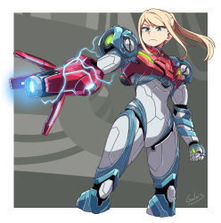 Rule 34 | 1girl, arm cannon, blonde hair, border, clenched hand, cropped legs, directed-energy weapon, electricity, energy, energy cannon, energy weapon, galois, glowing, glowing weapon, green eyes, highres, metroid, metroid dread, nintendo, ponytail, power suit, samus aran, serious, solo, standing, weapon, white border