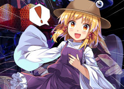 Rule 34 | !, 1girl, :d, blonde hair, blush, brown hat, commentary request, e.o., hair ribbon, hat, long sleeves, looking at viewer, moriya suwako, open mouth, petticoat, purple skirt, purple vest, red ribbon, ribbon, short hair, sidelocks, skirt, sleeves past fingers, sleeves past wrists, smile, solo, spoken exclamation mark, touhou, upper body, vest, wide sleeves, yellow eyes
