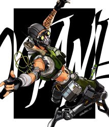 Rule 34 | 1boy, \m/, abs, airborne, apex legends, arm tattoo, black background, black gloves, border, cable, character name, fingerless gloves, full body, gloves, goggles, green shorts, highres, kotone a, looking to the side, male focus, mask, mechanical legs, mouth mask, octane (apex legends), open hand, shorts, solo, tattoo, white border