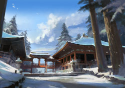 Rule 34 | architecture, blue sky, cloud, day, east asian architecture, miso katsu, original, outdoors, pine tree, sky, snow, stone lantern, tree