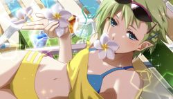 Rule 34 | 10s, beach, bikini, blue eyes, braid, breasts, chair, drink, drinking straw, eyewear on head, flower, flower in mouth, green hair, highres, holding, holding flower, jewelry, looking at viewer, lounge chair, macross, macross delta, navel, official art, pointy ears, reina prowler, small breasts, solo, sunglasses, swimsuit