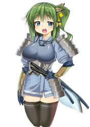 Rule 34 | 1girl, adapted costume, armor, ase (nigesapo), black thighhighs, blue eyes, breasts, commentary request, daiyousei, gloves, green hair, half-closed eyes, hand on own hip, highres, japanese armor, katana, kote, kusazuri, large breasts, looking at viewer, medium hair, multiple swords, open mouth, side ponytail, simple background, solo, sword, thighhighs, touhou, variant set, weapon, white background, wings