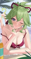Rule 34 | 1girl, ?, absurdres, bare arms, bare shoulders, beach, bikini, bottle, breasts, cleavage, commentary request, genshin impact, green hair, haerge, highres, kuki shinobu, large breasts, lying, on stomach, one eye closed, ponytail, purple eyes, red bikini, revision, short hair, solo, strap slip, swimsuit, the pose, water bottle