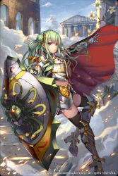 Rule 34 | 1girl, armor, blue sky, boots, building, cape, closed mouth, cloud, cloudy sky, commentary request, day, flower, fog, gauntlets, green hair, gyakushuu no fantasica, hair bun, hair ornament, high heel boots, high heels, highres, holding, holding shield, long hair, looking at viewer, midriff, musyne xsk, official art, outdoors, red cape, red eyes, shield, single hair bun, sky, snake hair, solo, stairs, thighhighs, thighhighs under boots, watermark