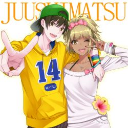 Rule 34 | 10s, 1boy, 1girl, ;d, arm around shoulder, backwards hat, bangle, baseball cap, beads, black hair, blonde hair, blunt bangs, bow, bracelet, breasts, casual, character name, chimachi, clothes writing, dark skin, drawstring, earrings, eyebrows, eyelashes, fingernails, flower, ganguro, gyaru, hair between eyes, hair bow, halterneck, hat, head tilt, heart, heart necklace, hibiscus, highres, hood, hood down, hoodie, hoop earrings, jewelry, jyushiko (osomatsu-san), kogal, lipstick, long fingernails, long hair, long sleeves, looking at viewer, makeup, matsuno jyushimatsu, multicolored nails, nail polish, necklace, off-shoulder, off-shoulder sweater, off shoulder, one eye closed, open mouth, osomatsu-kun, osomatsu-san, osomatsu (series), outstretched arms, pendant, pink bow, ponytail, red nails, ring, small breasts, smile, striped, stud earrings, sweater, taking picture, upper body, v, very long hair, white background, yellow eyes
