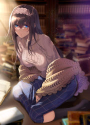Rule 34 | 1girl, argyle, argyle clothes, argyle sweater, black socks, blue eyes, blue skirt, blurry, blurry background, book, bookshelf, breasts, brown hair, frilled hairband, frills, hairband, highres, idolmaster, idolmaster cinderella girls, kneeling, lace-trimmed shawl, large breasts, library, light particles, long hair, long skirt, looking at viewer, no shoes, nohito, plaid, plaid skirt, sagisawa fumika, sidelocks, skirt, socks, solo, straight hair, sunlight, sweater, very long hair