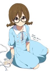 Rule 34 | 1girl, bad id, bad pixiv id, bandages, braid, brown eyes, brown hair, collarbone, commentary request, dress, english text, glasses, happy birthday, highres, hirasawa yui, k-on!, long hair, looking at viewer, ragho no erika, short hair, simple background, sitting, solo, translation request, twin braids, white background
