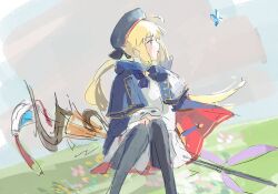 Rule 34 | ahoge, artoria caster (fate), artoria caster (second ascension) (fate), artoria pendragon (fate), black bow, black pantyhose, blonde hair, blue cloak, bow, buttons, clear sky, cloak, fate/grand order, fate (series), flower, gold trim, green eyes, hair between eyes, hair bow, holding, holding staff, on grass, pantyhose, pink flower, pink ribbon, purple bow, red ribbon, ribbon, shirt, sitting, skirt, sky, solo, staff, sword, twintails, ubwmitekure, weapon, white shirt, white skirt, yellow flower