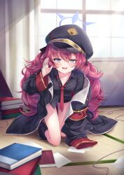 Rule 34 | 1girl, armband, bbbbunny, black hat, black jacket, black shirt, black socks, blue archive, blush, book, book stack, breasts, collarbone, collared shirt, commentary request, full body, grey eyes, hair between eyes, halo, hand up, hat, highres, indoors, iroha (blue archive), jacket, leaning forward, light rays, long hair, long sleeves, looking at viewer, military hat, necktie, open clothes, open jacket, open mouth, paper, peaked cap, purple halo, red armband, red hair, red necktie, shirt, shirt partially tucked in, single off shoulder, slit pupils, small breasts, smile, socks, solo, tatami, thighs, very long hair, wavy hair, whispering