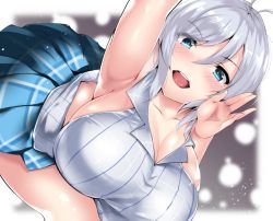 Rule 34 | .live, 1girl, backless outfit, bare shoulders, blue eyes, blush, breasts, circussion, cleavage, from above, large breasts, looking at viewer, open mouth, pleated skirt, short hair, sideboob, silver hair, dennou shoujo siro, skirt, sleeveless, smile, solo, virtual youtuber