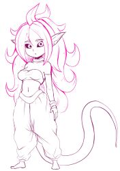 Rule 34 | 1girl, absurdres, alternate species, android 21, arms at sides, baggy pants, bandeau, bare shoulders, barefoot, bracelet, breasts, collarbone, detached sleeves, dragon ball, dragon ball fighterz, earrings, female focus, fir3born, full body, highres, jewelry, league of legends, long hair, long sleeves, looking at viewer, majin android 21, medium breasts, midriff, monochrome, navel, neck ring, open mouth, pants, parted bangs, pink hair, pointy ears, sidelocks, simple background, sketch, solo, standing, stomach, tail, very long hair, white background, yordle