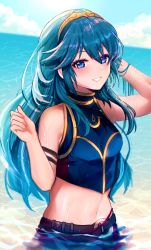 Rule 34 | 1girl, asada sadao, beach, belt, blue eyes, blue hair, blue one-piece swimsuit, blue sky, blush, breasts, brown belt, cloud, commentary request, day, fingernails, fire emblem, fire emblem awakening, fire emblem cipher, gold trim, hair between eyes, hand in own hair, highres, lips, looking at viewer, lucina (fire emblem), midriff, navel, nintendo, official alternate costume, one-piece swimsuit, outdoors, partially submerged, pink lips, sky, small breasts, smile, solo, stomach, swimsuit, tiara, water, wet