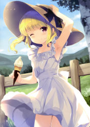 Rule 34 | 1girl, ;), absurdres, arm up, armpits, black ribbon, blonde hair, brown eyes, brown hat, collarbone, day, dress, food, girlish number, hat, hat ribbon, highres, holding, holding food, ice cream, one eye closed, outdoors, ribbon, short hair with long locks, sky, sleeveless, sleeveless dress, smile, solo, sonou momoka, standing, sun hat, sundress, tree, white dress