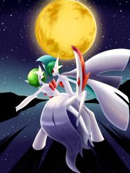 arm_blade bob_cut cape closed_eyes creatures_(company) dancing dress elbow_gloves full_moon gallade game_freak gardevoir gen_3_pokemon gen_4_pokemon gloves green_hair hair_over_one_eye highres mega_gallade mega_gardevoir mega_pokemon moon night night_sky nintendo pokemon pokemon_(creature) red_eyes shabana_may sky star_(sky) strapless strapless_dress weapon white_cape white_dress white_gloves