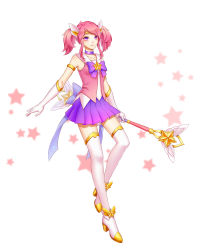 Rule 34 | 1girl, alternate costume, armlet, boots, choker, gloves, hair ornament, highres, kezi, league of legends, looking at viewer, lux (league of legends), magical girl, pink hair, purple eyes, short hair, short twintails, skirt, solo, staff, star (symbol), star guardian (league of legends), star guardian lux, thigh boots, thighhighs, twintails
