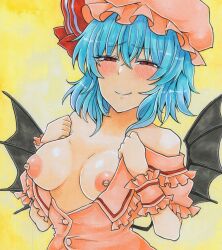 Rule 34 | 1girl, bare shoulders, bat wings, blue hair, blush, breasts, closed mouth, commentary, crossed bangs, hat, hat ribbon, highres, large breasts, mob cap, nipples, pink hat, red eyes, red ribbon, remilia scarlet, ribbon, short hair, smile, solo, touhou, upper body, washiwa, wings, yellow background