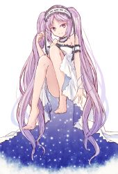 Rule 34 | 1girl, absurdly long hair, arm strap, barefoot, choker, dress, euryale (fate), fate/hollow ataraxia, fate (series), full body, hairband, lolita hairband, long hair, looking at viewer, mishiro (andante), purple eyes, purple hair, simple background, sitting, sketch, sleeveless, sleeveless dress, smile, solo, strapless, strapless dress, twintails, very long hair, white background, white dress
