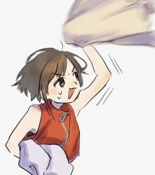 Rule 34 | 1girl, :3, arm up, bare arms, blush, brown eyes, brown hair, catching, holding, holding clothes, jacket, looking at object, looking up, meiko (vocaloid), motion blur, nata shelf, open mouth, red jacket, simple background, sleeveless, sleeveless jacket, solo, sweat, upper body, v-shaped eyebrows, vocaloid, white background, wind