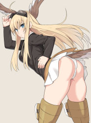 Rule 34 | 1girl, ahoge, animal ears, ass, beige background, blonde hair, blue eyes, breasts, brown jacket, brown legwear, commentary request, from behind, goggles, goggles on head, hanna-justina marseille, head wings, jacket, long hair, long sleeves, looking at viewer, medium breasts, military, military uniform, panties, shiseki hirame, simple background, solo, strike witches, underwear, uniform, white panties, wings, witches of africa, world witches series