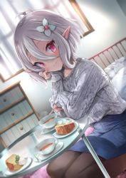 Rule 34 | 1girl, ahoge, antenna hair, aran sweater, bed, black pantyhose, blue skirt, blush, cable knit, chest of drawers, closed mouth, commentary request, cup, curtains, denim, denim skirt, dutch angle, flower, food, glass table, grey hair, grey sweater, hair between eyes, hair flower, hair ornament, indoors, kokkoro (princess connect!), long sleeves, natsushima memo, pantyhose, pointy ears, princess connect!, red eyes, saucer, short hair, sitting, skirt, sleeves past wrists, smile, solo, split mouth, spoon, sweater, table, teacup, transparent, wariza, white flower, window
