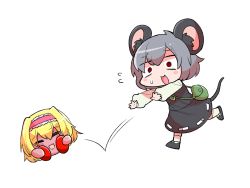 Rule 34 | 2girls, :d, alice margatroid, animal ears, bag, blonde hair, cookie (touhou), grey hair, handbag, headband, kirby, kirby (series), mouse ears, mouse tail, multiple girls, nazrin, nintendo, open mouth, red eyes, running, smile, sweatdrop, syowahoka, tail, touhou, transparent background