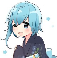 Rule 34 | 1girl, :d, blue eyes, blue hair, blush, commentary, crescent, crescent pin, ears visible through hair, fang, floral print, japanese clothes, kantai collection, kimono, looking at viewer, minazuki (kancolle), one eye closed, open mouth, short hair with long locks, smile, solo, upper body, white background, yoru nai, yukata