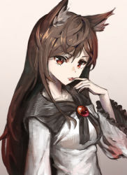 Rule 34 | animal ears, brooch, brown hair, dress, fingernails, hand on own cheek, hand on own face, highres, imaizumi kagerou, jewelry, long fingernails, long hair, long sleeves, looking at viewer, red eyes, simple background, solo, tongue, tongue out, touhou, werewolf, white dress, wide sleeves, wolf ears, yanyan (shinken gomi)