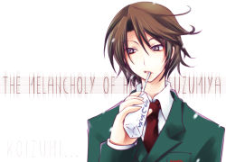 Rule 34 | 00s, 1boy, breast pocket, brown hair, character name, collared shirt, copyright name, drinking, drinking straw, expressionless, green jacket, hair between eyes, holding, jacket, koizumi itsuki, long sleeves, male focus, necktie, parted lips, pocket, purple eyes, red necktie, shirt, simple background, solo, suzumiya haruhi no yuuutsu, tsurime, upper body, white background, white shirt, wing collar, yukian