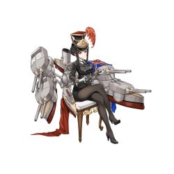 Rule 34 | 15k, 1girl, aiguillette, black coat, black footwear, black hair, black necktie, black pantyhose, black skirt, buttons, calm, cannon, chair, clarinet, closed mouth, coat, crossed legs, eyelashes, full body, gloves, hat, high heels, holding, holding instrument, instrument, machinery, military, military uniform, necktie, official art, pantyhose, red eyes, royal oak (warship girls r), shirt, shoes, sitting, skirt, transparent background, turret, uniform, union jack, warship girls r, white gloves, white shirt