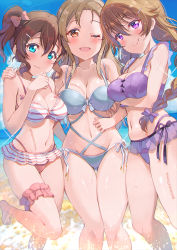 Rule 34 | 3girls, :q, ;d, aqua bikini, arm hug, beach, bikini, bikini skirt, blue eyes, blush, bow, breasts, bridal garter, brown hair, cleavage, closed mouth, collarbone, commentary, day, eyebrows hidden by hair, foot up, gluteal fold, groin, hair between eyes, hair bow, hair ornament, hairclip, hand on another&#039;s shoulder, hand to own mouth, kitahara tomoe (kitahara koubou), konoe haruka, konoe kanata, konoe kanata/haruka&#039;s mother, light brown hair, light smile, linea alba, long hair, looking at viewer, love live!, love live! nijigasaki high school idol club, medium breasts, microskirt, mother and daughter, multi-strapped bikini, multiple girls, navel, one eye closed, one side up, open mouth, orange eyes, paid reward available, purple bikini, purple bow, purple eyes, red bikini, red bow, red garter, red skirt, short hair, side-tie bikini bottom, sidelocks, skirt, smile, striped bikini, striped clothes, swimsuit, thigh gap, thighs, tongue, tongue out, twitter username