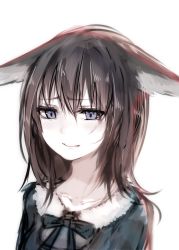 Rule 34 | 1girl, absurdres, animal ears, black hair, blush, dress, ears down, fox ears, green dress, grimace, hair between eyes, highres, long hair, looking at viewer, neck ribbon, original, parted lips, portrait, purple eyes, ribbon, simple background, solo, sukemyon, upper body, white background
