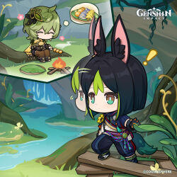 Rule 34 | !, 1boy, 1girl, absurdres, animal ears, black hair, bug, butterfly, campfire, chibi, closed eyes, closed mouth, collei (genshin impact), commentary, day, english commentary, food, fox boy, fox ears, fox tail, genshin impact, gloves, green hair, hair between eyes, hair ornament, highres, holding, insect, multicolored hair, mushroom, official art, outdoors, plant, sitting, skewer, sparkle, tail, tighnari (genshin impact), vision (genshin impact), water, waterfall