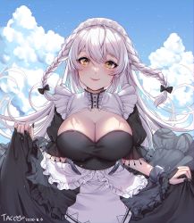 Rule 34 | 1girl, apron, azur lane, black bow, black dress, black nails, blue sky, blush, bow, braid, breasts, cleavage, closed mouth, cloud, cloudy sky, commentary request, cowboy shot, day, dress, french braid, frilled apron, frilled dress, frills, hair between eyes, hermione (azur lane), highres, large breasts, lifting own clothes, long hair, looking at viewer, maid, maid apron, maid headdress, nail polish, puffy short sleeves, puffy sleeves, short sleeves, silver hair, sky, smile, solo, tacco (tikeworld), twin braids, waist apron, white apron
