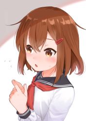 Rule 34 | 1girl, anchor, anchor symbol, blush, brown eyes, brown hair, dx (dekusu), fang, flying sweatdrops, hair between eyes, hair ornament, hairclip, highres, ikazuchi (kancolle), kantai collection, long sleeves, open mouth, red neckwear, sailor collar, school uniform, serafuku, simple background, solo, sweat, upper body, white background